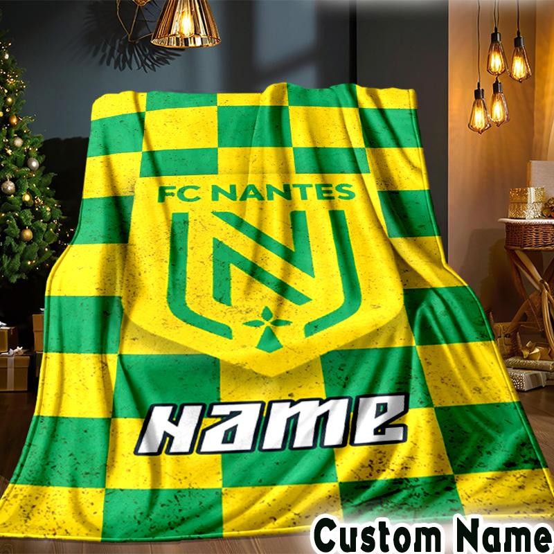 Custom Name Nantes Football Crest Throws Blanket Flannel Blankets for Couch Bed Gifts for Men Women Picnic blanket Christmas fan gifts