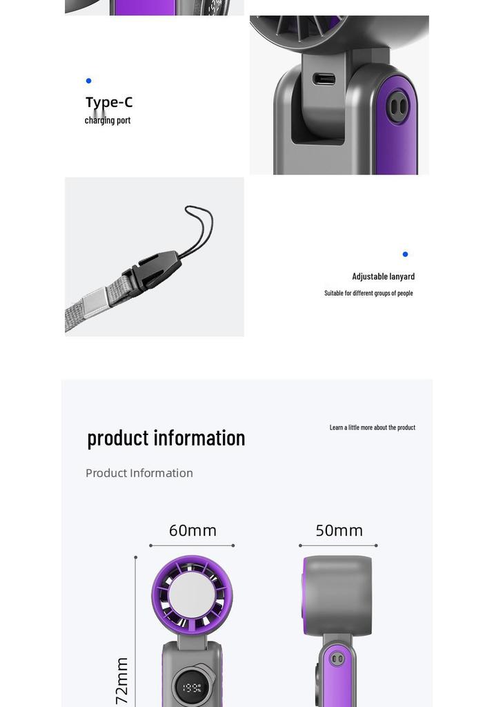 Handheld Folding USB Ice Pack Fan with Digital Display - Compact Turbine Fan with Strong Wind Power