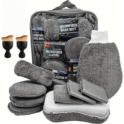 Kit de nettoyage pour lavage auto (11 pièces) : gants de nettoyage, serviette en microfibre, éponge à cire et brosse pour jantes.