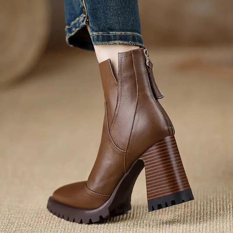 Fashion Women's High-heeled Ankle Boots  Fashion Pointed Toe Zipper British Retro Anti Slip Women's Short Boots Botas Mujer