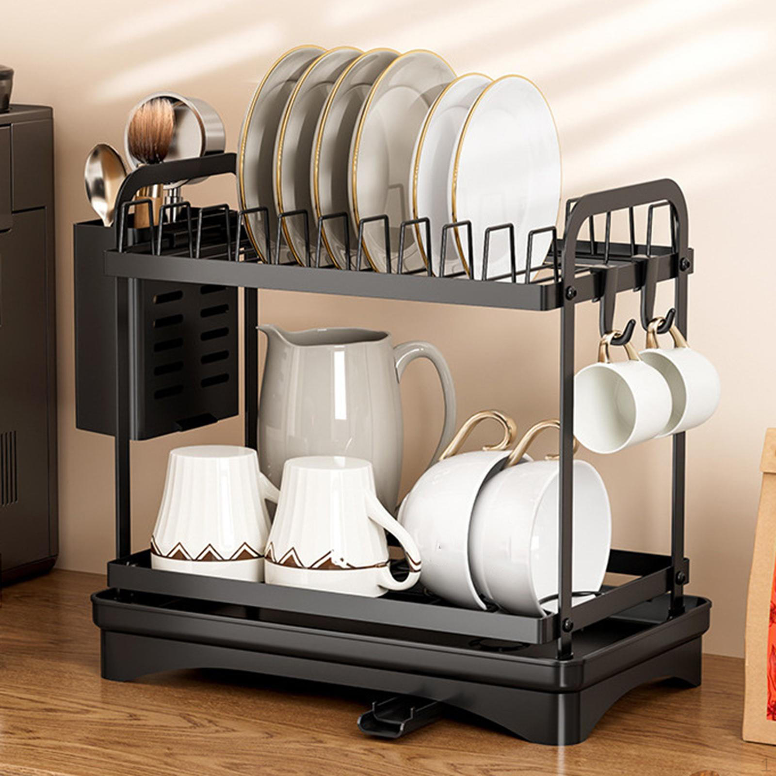 

Dish Rack Drainer 2 Tier Organize, Reliable, Neatly for Kitchen Counter Utensil Holder Cups чёрный