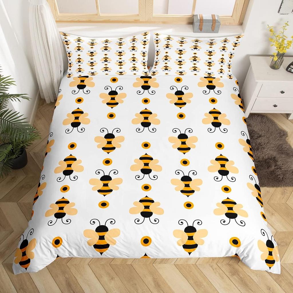 Cute Honeybee Duvet Cover Twin Queen Spring Garden Bedding Set Geometric Honeycomb Hexagon Comforter Cover Wild Animal Bed Set
