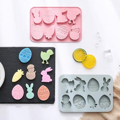 Oster-Silikonform 8 Hohlräume 3D-Hase Karotte Ei Küken Formen Antihaft-Flexibelform Schokolade Süßigkeiten Pudding Seife Ton Backen Dekorationswerkzeug