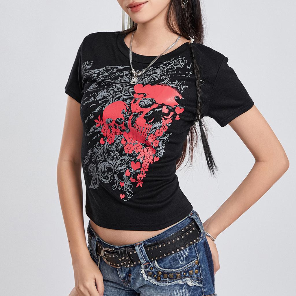 Women Short Sleeve T-Shirts Skull Print Crew Neck Shirts Summer Casual Slim Fit Tops Streetwear