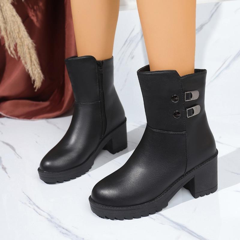 

Зимние хлопковые ботинки Модные с круглым носком Боковая молния Металлическая пряжка Платформа Противоскользящие Износостойкие На блочном каблуке Сапоги средней высоты 35 чёрный