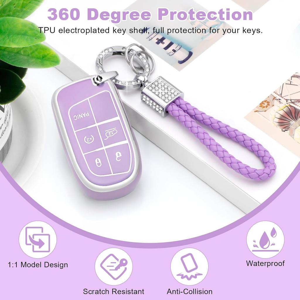 PIFOOG Key Fob Cover for Jeep Cherokee Grand Cherokee Compass Renegade Accessories Purple Bling Keychain 5 Button Car Keys Case Shell Full Covers