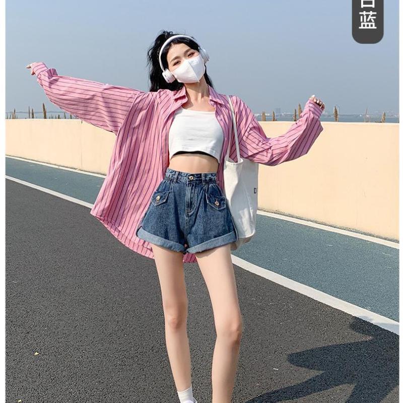 Pantaloncini Denim Neri e Grigi da Donna Nuovi Estivi Sottili a Vita Alta Ampi Slimming Gamba Larga Hot Pants