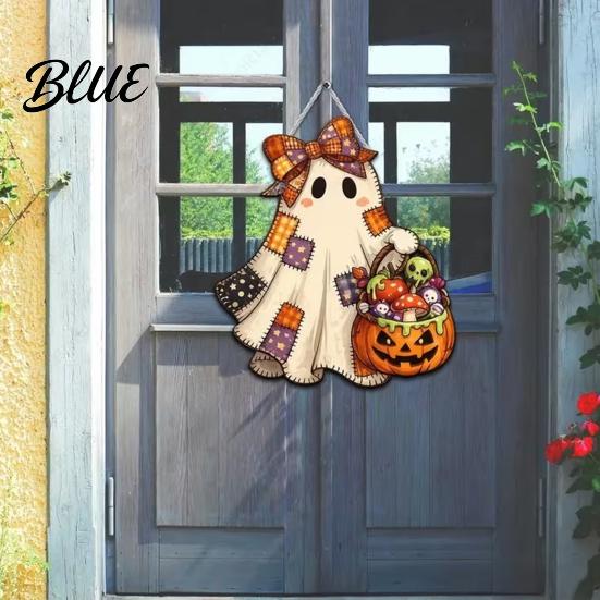 Retro Halloween Decoration Cute Bow Ghost Door Sign Wooden Patchwork Hanging Plaque with Pumpkin Candy Basket Indoor Entrance Hanger Wall