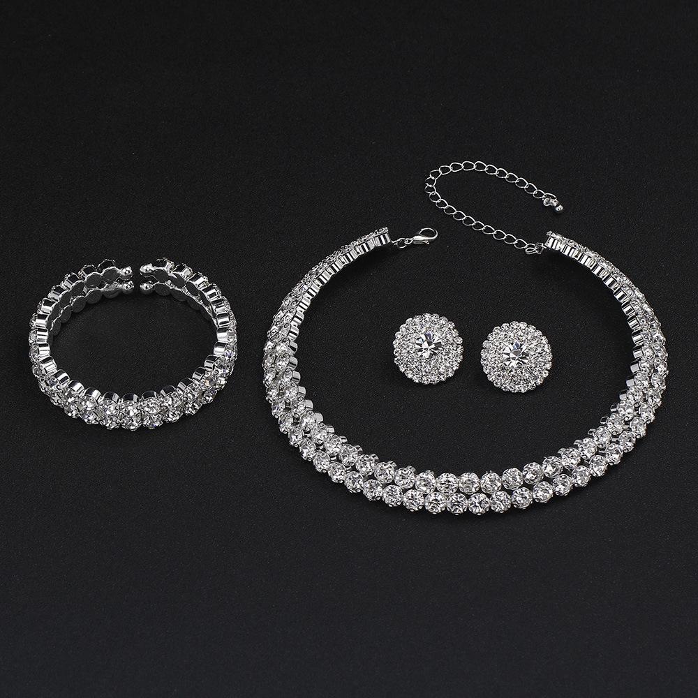 Niche Full Diamond Necklace Earrings Bracelet Three-piece Set Metal Flower Hollow Collar Bridesmaid Bride Suit Women