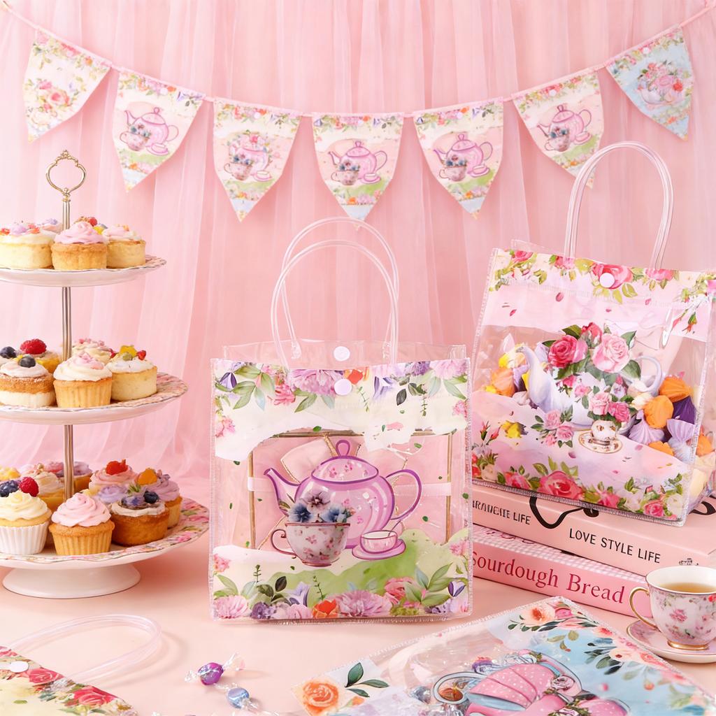 24 Pcs Tea Party Gift Bags Clear Pvc Gift Bags With Handles Floral Gift Bag Teapot Goodie Treat Bag Tea Party Favors Decorations