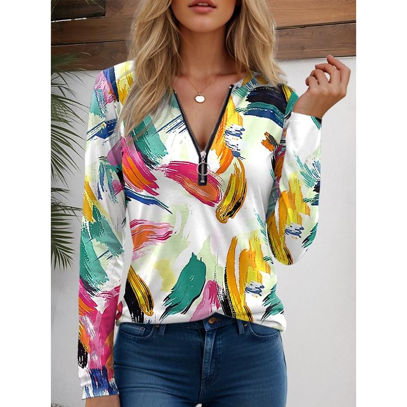 Women's T Shirt Quarter Zip Long Sleeve Casual Graphic Geometric Abstract