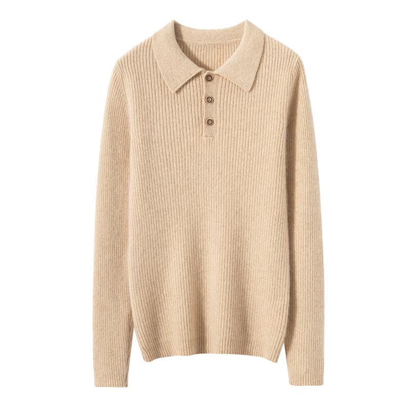 Women's Cashmere Polo Collar Ribbed Sweater – Long Sleeve, Button Closure, Perfect for Autumn and Winter