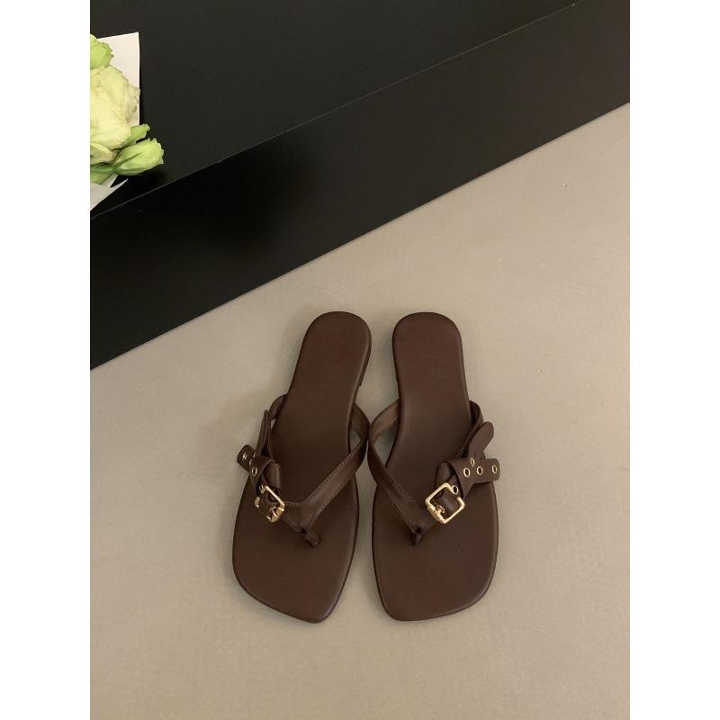 

Retro belt buckle flip-flops summer wear flat bottom toe cool slippers women s casual beach slippers 40 коричневий