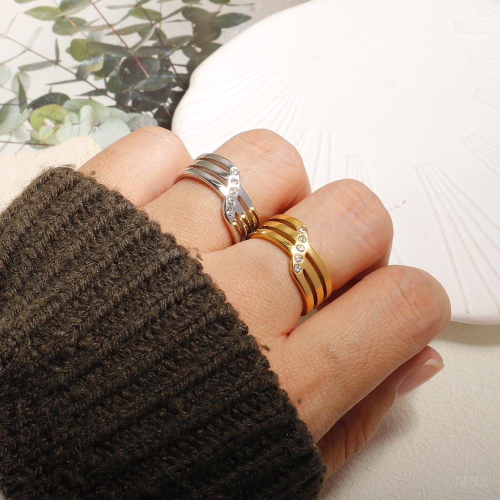 18K Gold Plated Rhinestone Ring with Geometric Triple Bars - Korean Style Stainless Steel