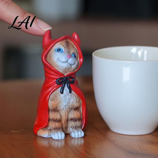 Little Red Riding Hood Cat Halloween Figurine Resin Miniature Statue Desktop Animal Ornaments Wizard Statue with Witch Hat/Cloak/Pumpkin Lamp Design