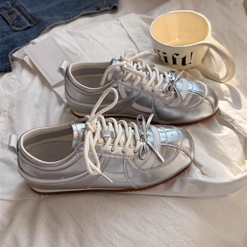Silver Retro German Training Shoes Women's 2025 New Versatile Lace-up Lightweight Soft Sole Non-slip Casual Sports Forrest Gump Shoes