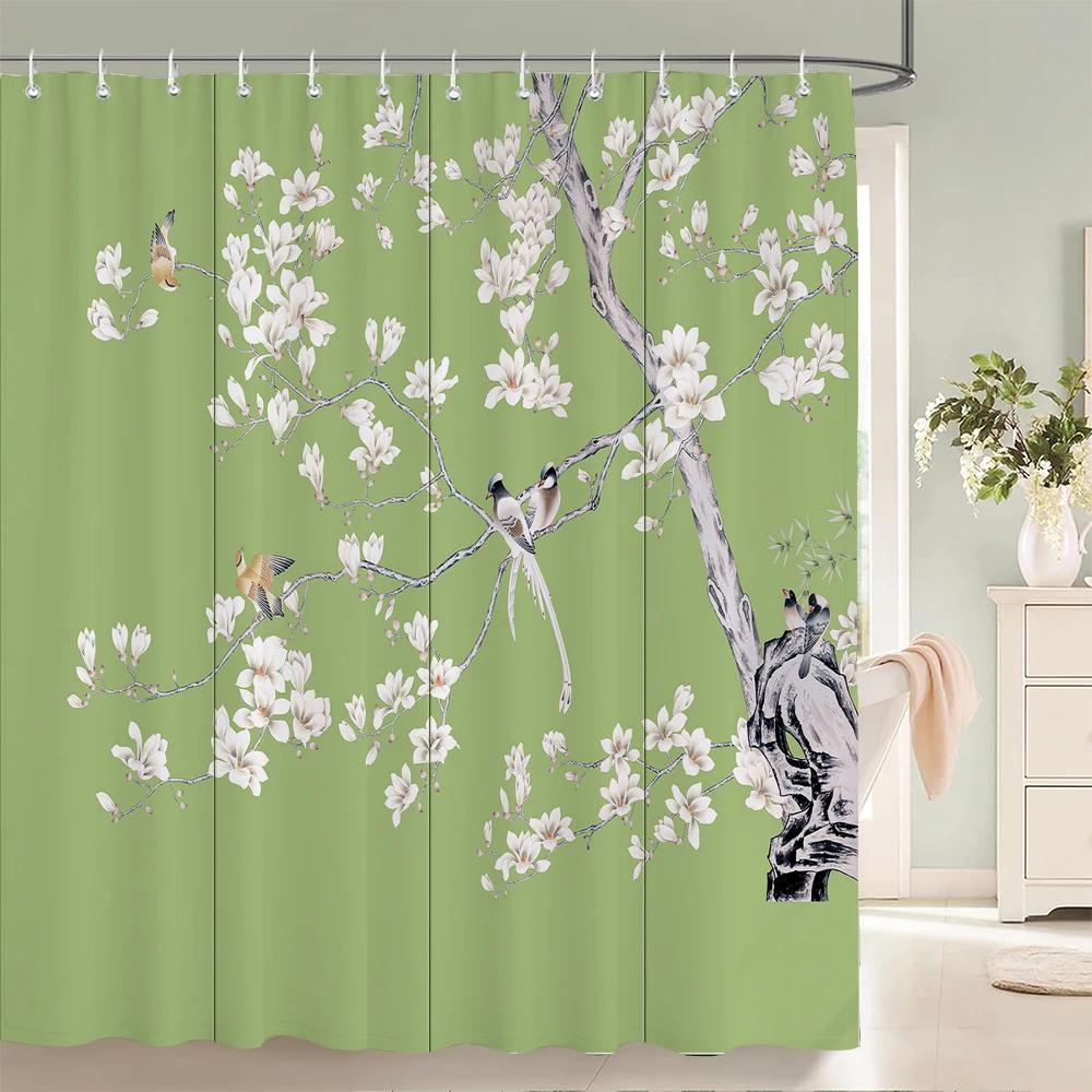 landscape Fabric Shower Curtain Bathroom Curtains Chinese style Ink Scenery Flowers Birds Waterproof Decor Bath Screen with Hook