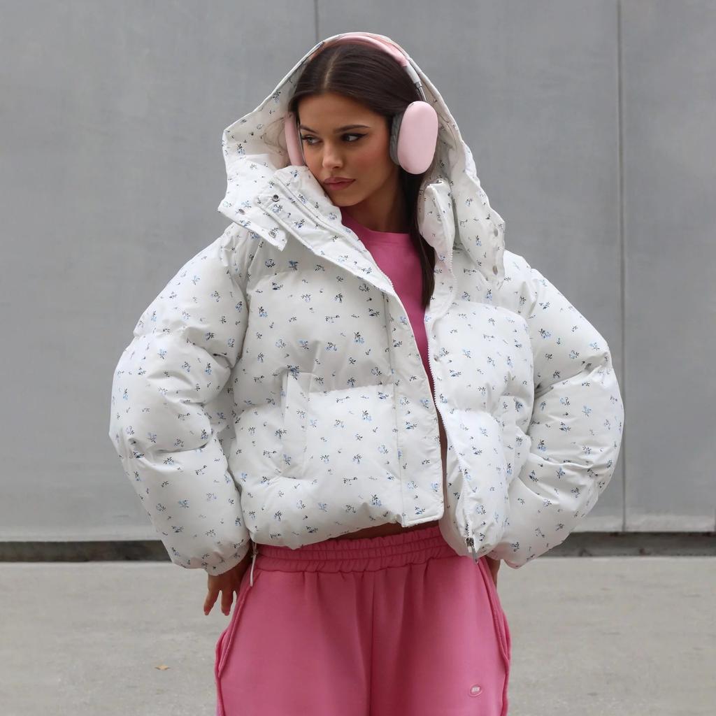 Brot Kleidung Kleines Blumendesign Kordelzug Kapuze Abnehmbare Baumwollgepolsterte Kleidung High-End Mode Vielseitige Jacke Damen