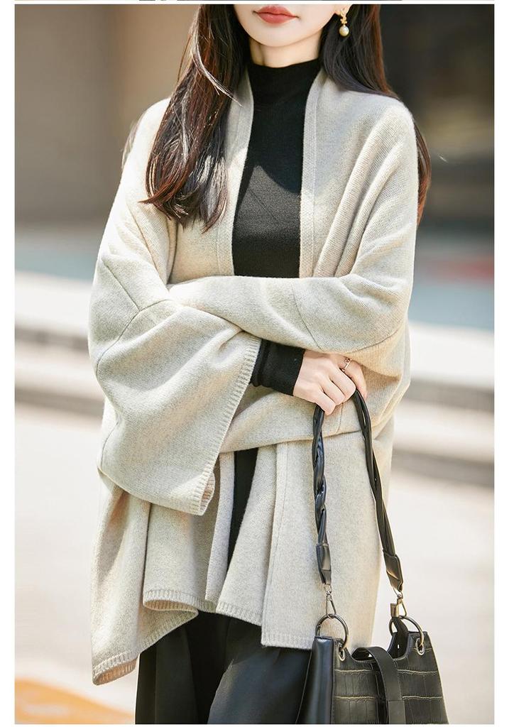 Women's 100% Wool V-neck Loose Knit Pullover Shawl - Solid Color Casual Sweater for Autumn/Winter