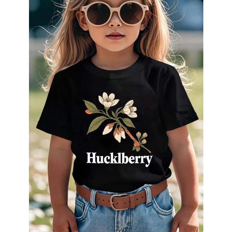 

European Size Girls Black Short Sleeved T Shirt Simple and Fresh Blackberry Flower Pattern Print Sweet and Versatile Casual Style 164cm чорний