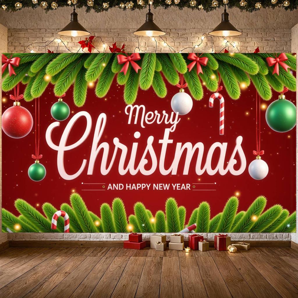 Christmas Decoration Red Background Holiday Banner Christmas Background Ornament Balls Seasonal Banner For Holiday Party Indoor
