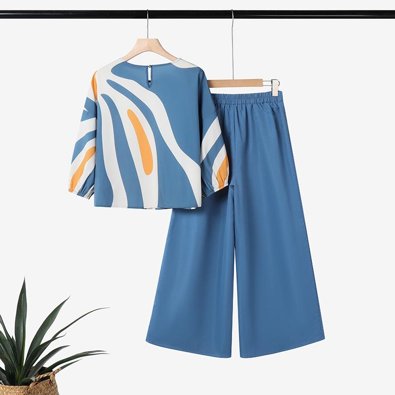 

ZANZEA Женский повседневный костюм-двойка: блузка с рукавом 3/4 и принтом и брюки M синий