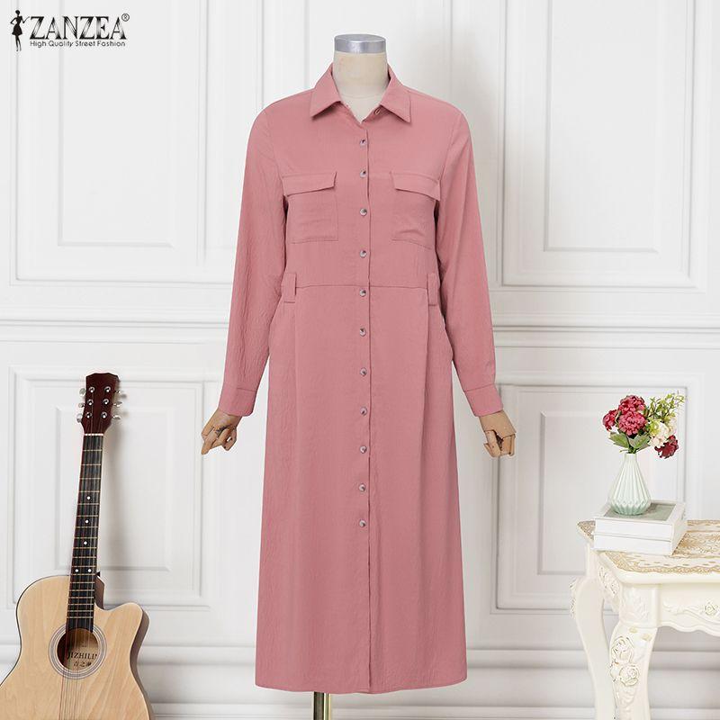 ZANZEA Damen Herbst Button-Down Langarm Midi Hemdblusenkleid
