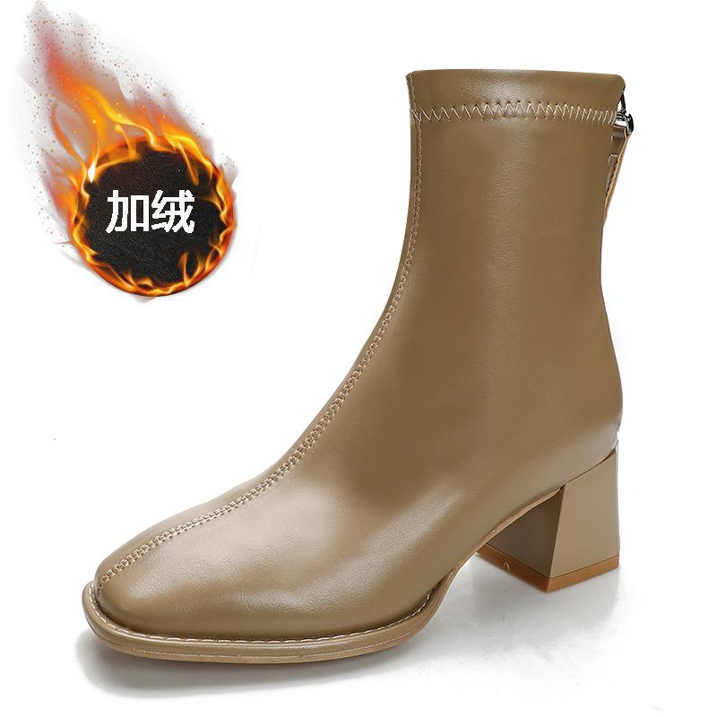 Short Boots Women's High Heel Thick Heel New Boots Soft Leather White French Square Head Autumn and Winter Velvet Medium Tube Thin Boots