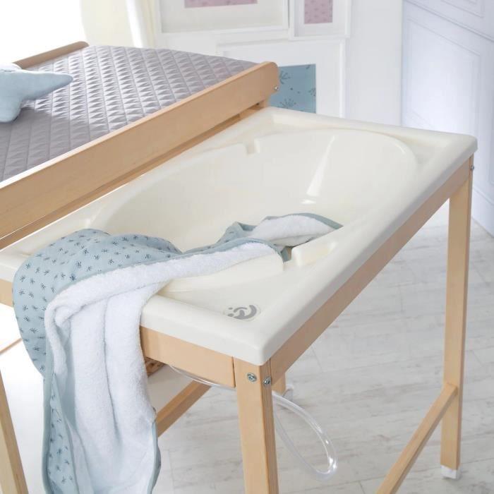 Table à langer avec baignoire coulissante - ROBA - Inclus matelas depérlant Roba style Gris - Tablette de rangement - Bois Naturel