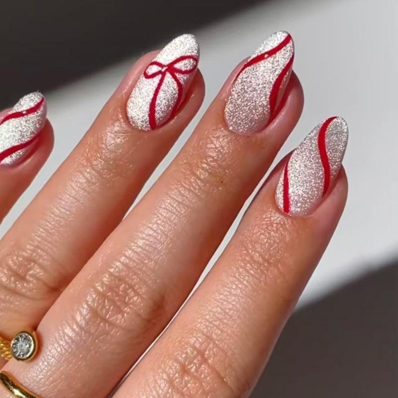 

1Set Christmas White Short Oval False Nail Red Line 3D Design for Holiday Parties and Special Event 1