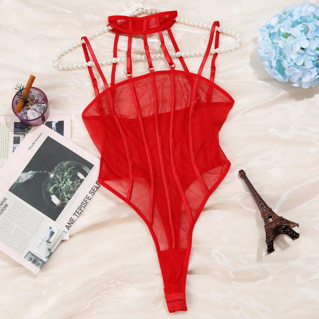 Seductive Lingeries Sexy Hot Skinny Backless Coquette Bodysuit Women'S Porn See-Through Mesh Hanging Neck Halter Erotic Teddies