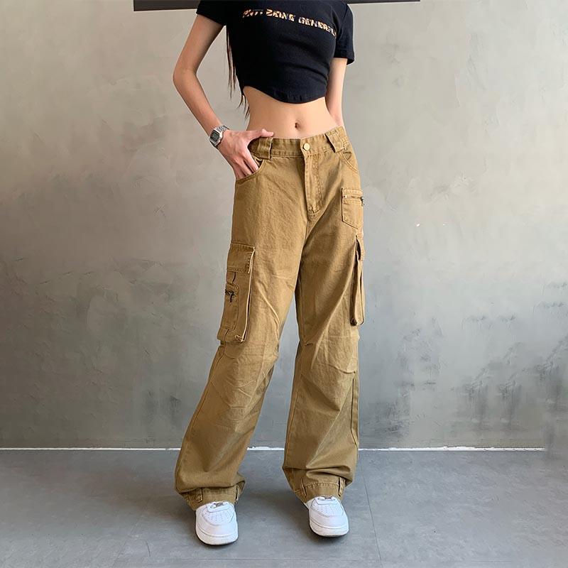 Y2K High Street Denim Cargo Pants Women Gray Big Pocket Slim Female Straight Pants High Waist Vintage Casual Lady Baggy Trousers