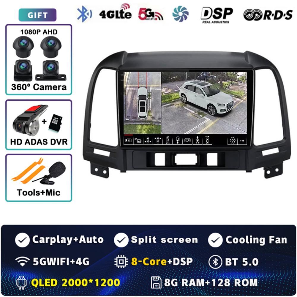 Android 14 Carplay Auto For Hyundai Santa Fe 2 2006 - 2012 Car Radio 4G WIFI Player Multimedia Srereo 360Camera Navigation Video