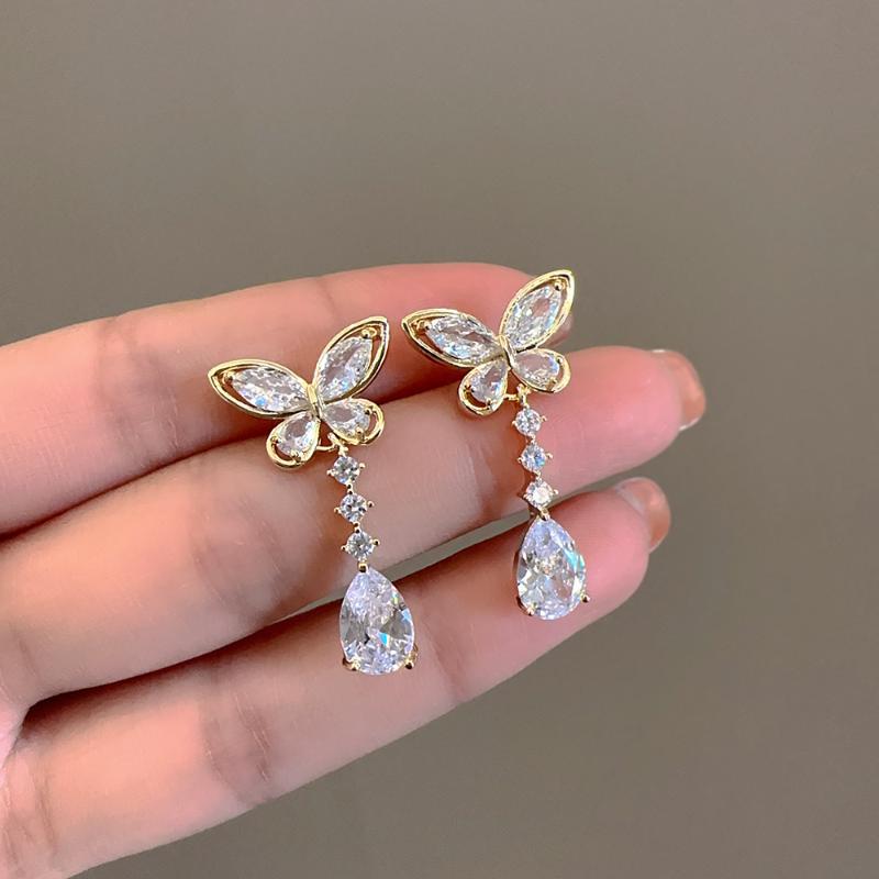 Korean Luxury Crystal Flower Butterfly Earrings For Women Sweet Zircon Drop Earrings Girls Party Jewelry Bijoux Gifts