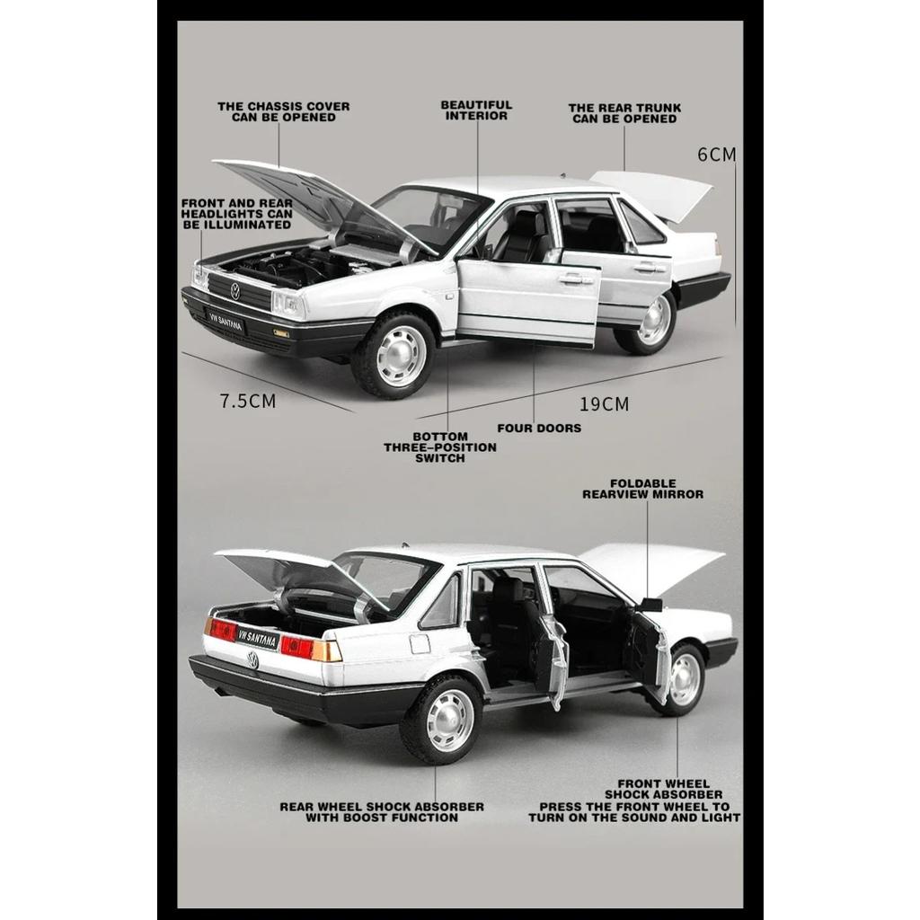 Classic 1/24 Volkswagen Santana Alloy Diecast Model Car Sound and Light Gift for Boyfriend Collection Hobbies Present with Kids