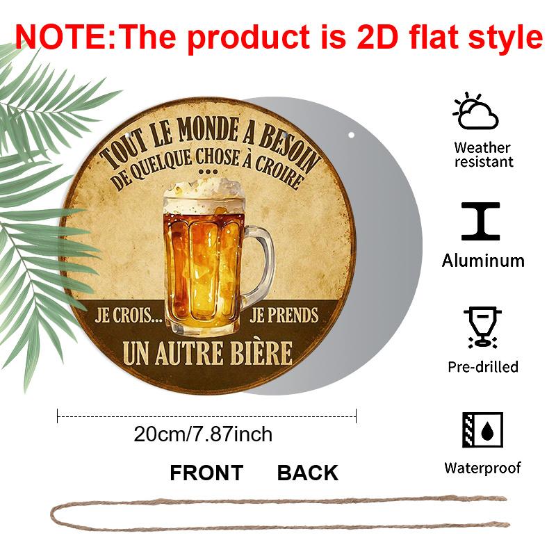 2D Flat, 1pc Round Aluminum French Beer Humor Sign, Vintage "Tout Le Monde A Besoin De Quelque Chose A Croire" Metal Wall Art, Retro Beer Mug Design