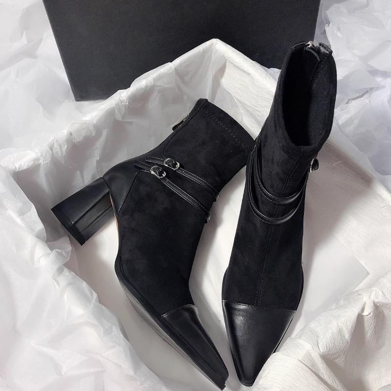 Women Suede Pointed Toe Chelsea Boots Woman Sexy Mid-calf Boot  New Winter Heels Shoes Luxury Party Pumps Fashion Goth Shoe