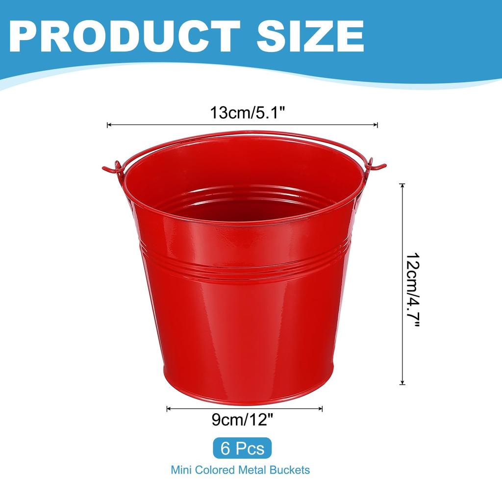 PATIKIL X Small Metal Buckets with Pack of 6 Mini Galvanized Buckets for Party Favors and Red 5.1" 4.7" Handles, Crafts, Decorations,