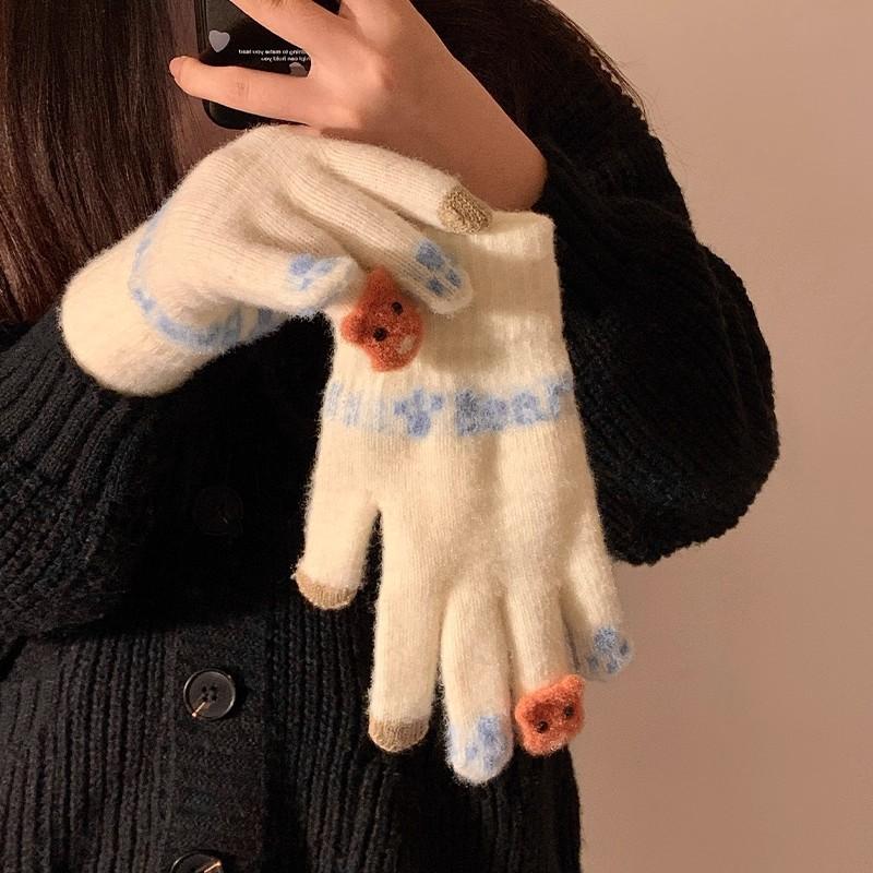 Winter Plush Knitted Five-finger Gloves Women's Autumn and Winter Warm Thickened Student Cycling Can Be Windproof and Cold Korean Version