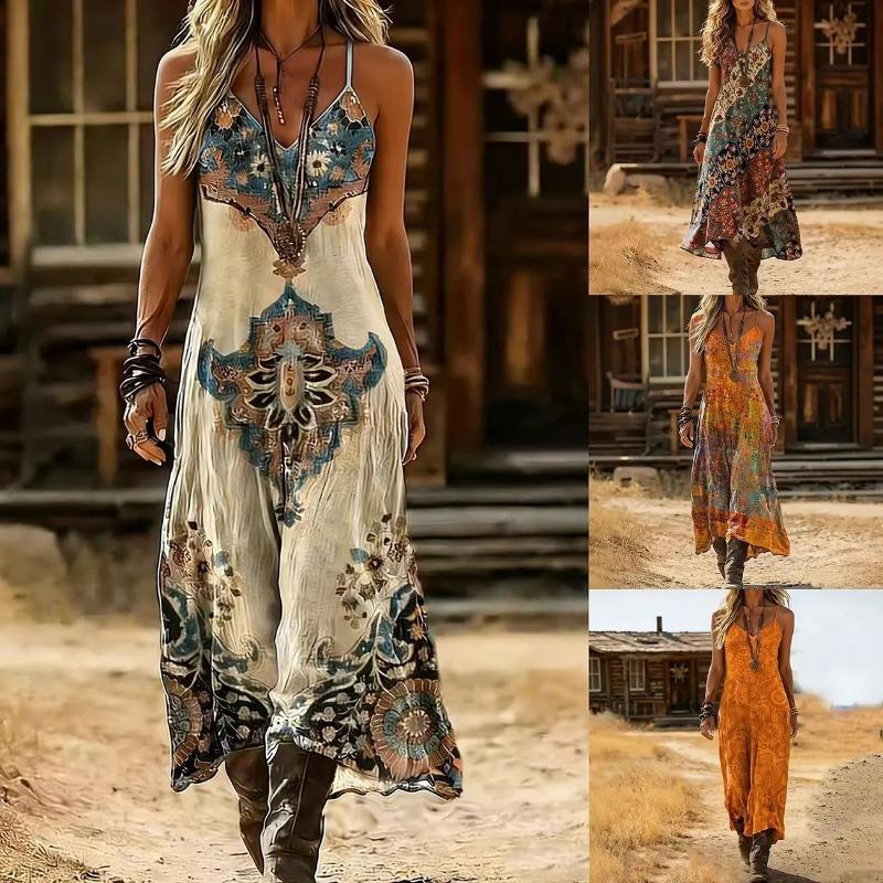 Dam Boho Paisley-mönstrad Cami Miniklänning V-ringad Ärmlös Sommar Strand Solklänning