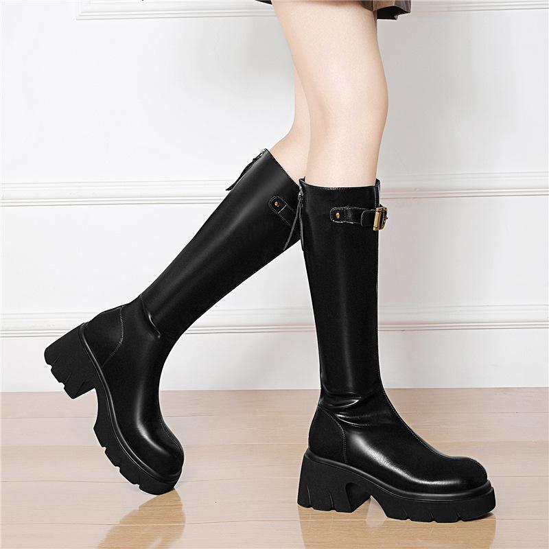 Thick-soled small thick-heeled Maillard medium tube women's boots women's shoes new autumn and winter retro leather boots