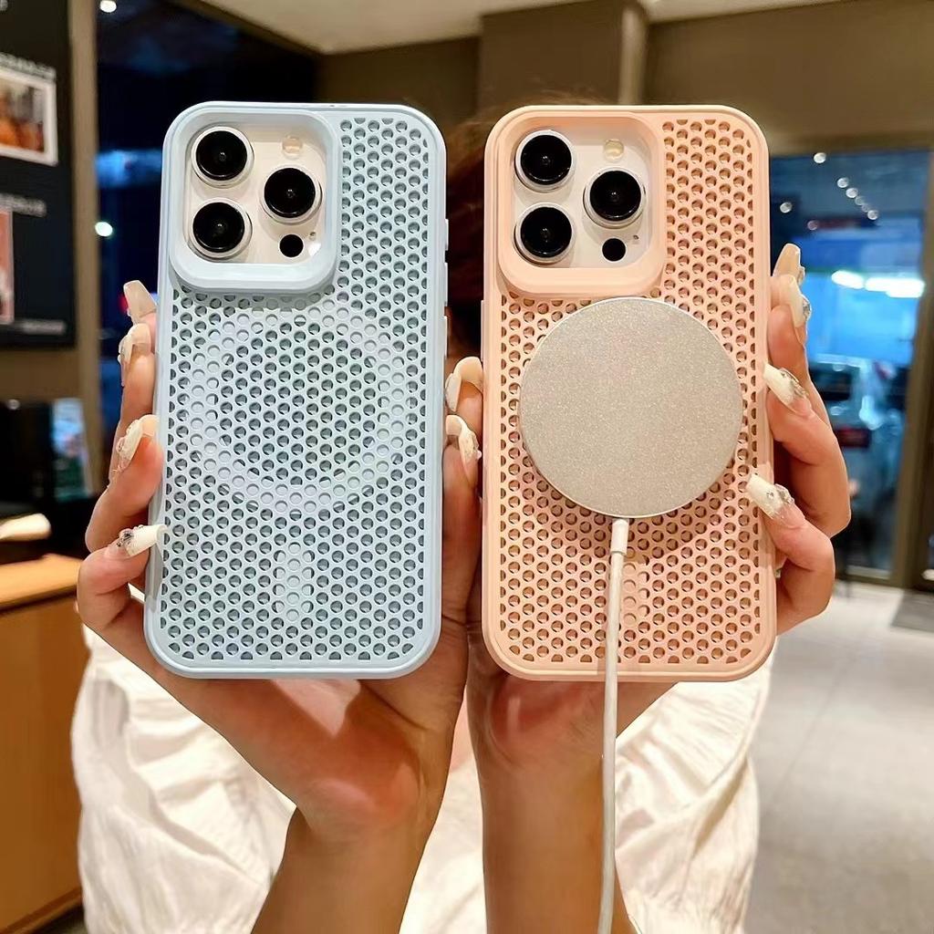 Applicable to iPhone17 magnetic mobile phone case honeycomb vent hole heat dissipation 16 anti-drop Apple 15proMax protective case