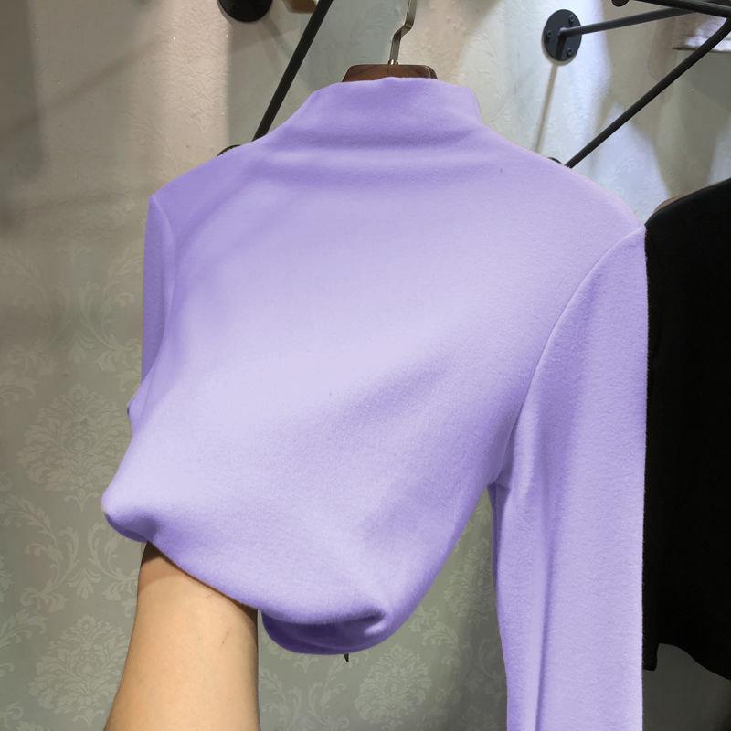 

Теплая рубашка с длинным рукавом из двухстороннего бархата с начесом, приталенного кроя, с воротником-полувысоким, для женщин - однотонная, осень/зима. XXL фиолетовый