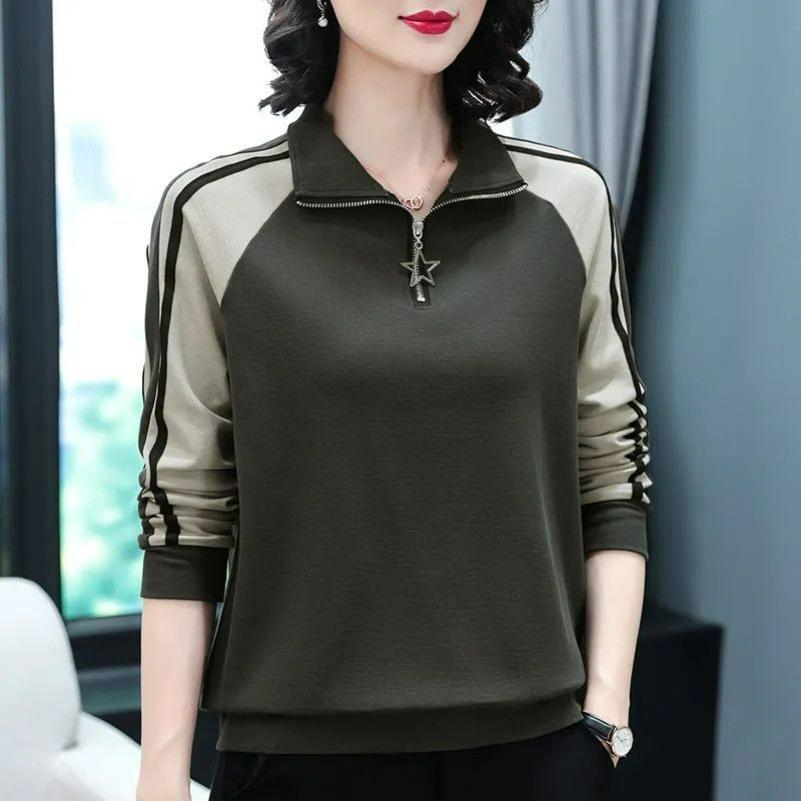 Хлопковый свитер с контрастным цветом воротником-стойкой и молнией до середины груди женский весенне-осенний для мамы больших размеров женская верхняя одежда с длинным рукавом 3XL 3090₽
