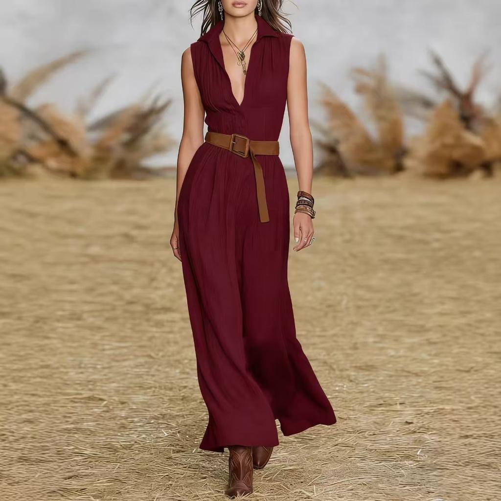 Women's Fashion Color V-neck Sleeveless Dress