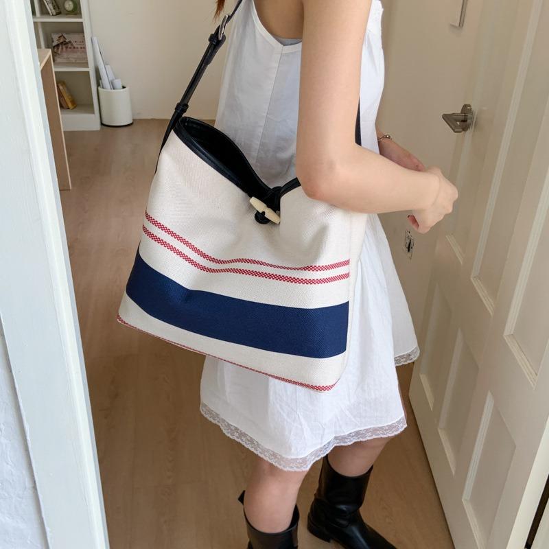 Striped Canvas Bag Women's Large-capacity New Summer Versatile Shoulder Messenger Bag College Student Tote Bag