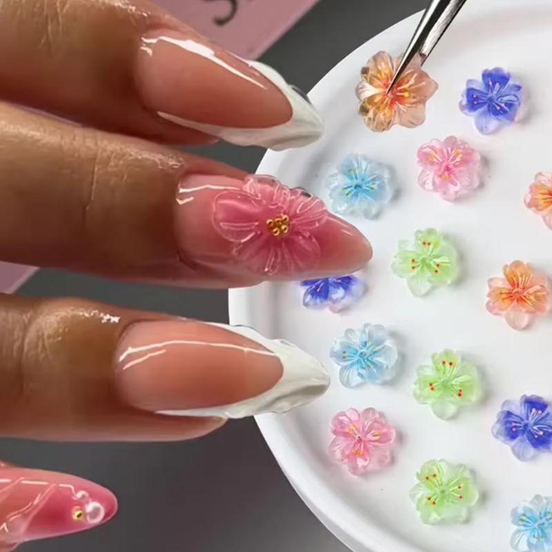 50Pcs 3D Flowers Butterfly For Nails Charms Gradient Ice Translucent Flower Nail Charms Luminous Decoration For Nails Design