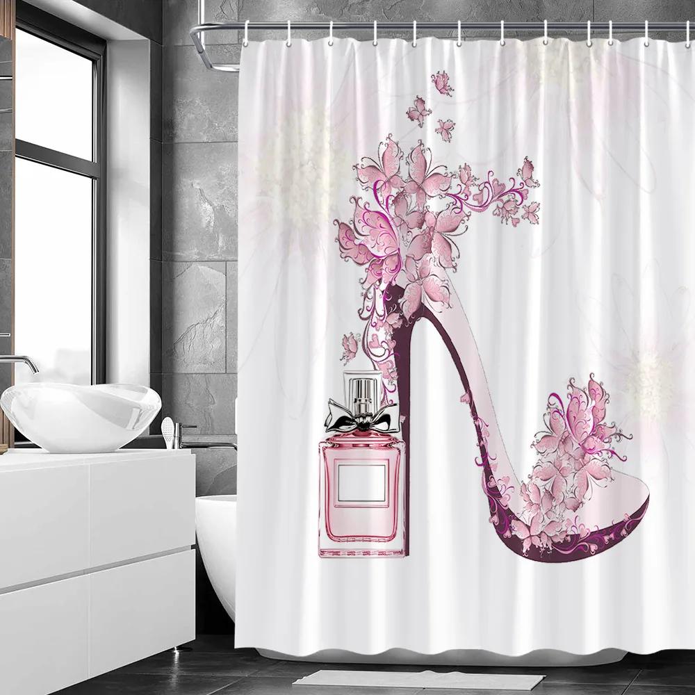 Sexy Woman White Shower Curtains Highland Cow Palm Leaf Ink Flower Bird Polyester Fabric Washable Bathroom Decor Bath Curtain