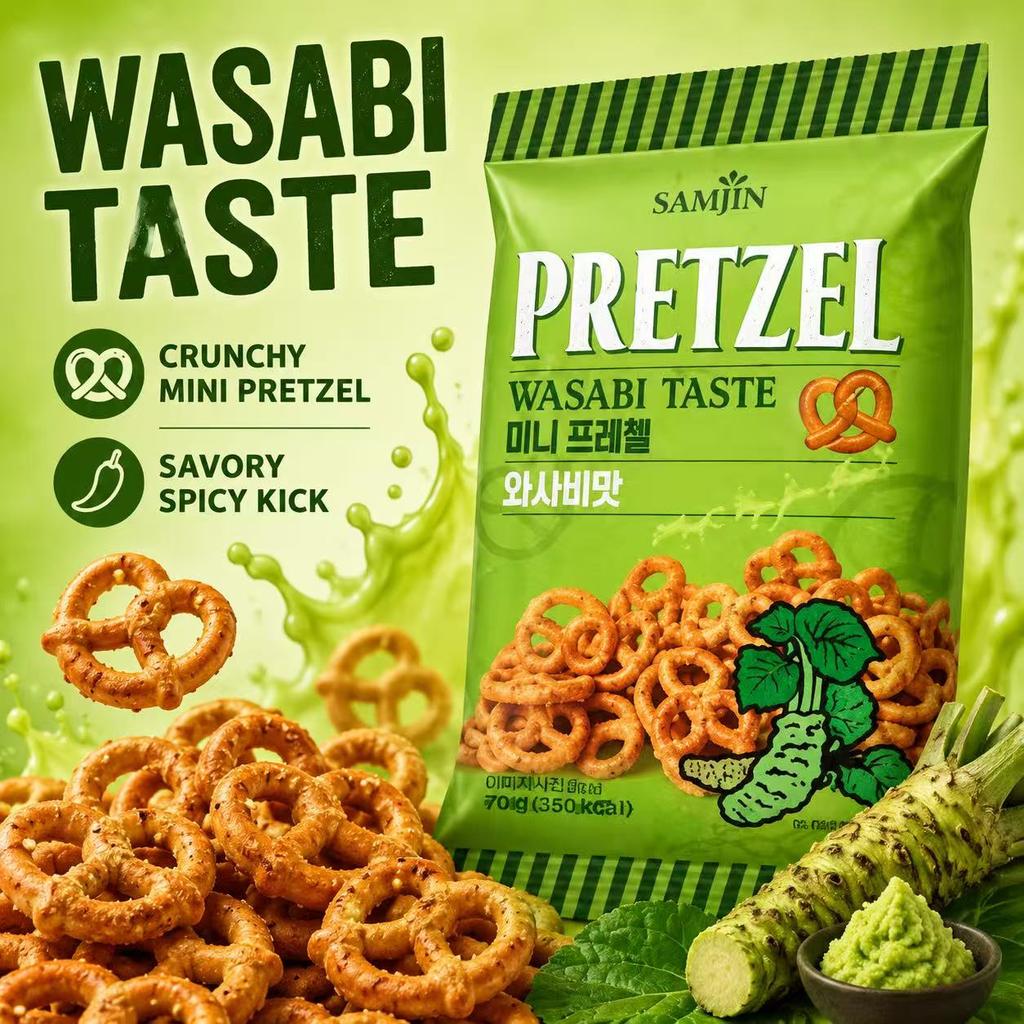 SAMJIN Mini Pretzel Biscuits 70g Wasabi Flavor | Crispy Crunchy Texture, Spicy Wasabi Flavor, Convenient Snack