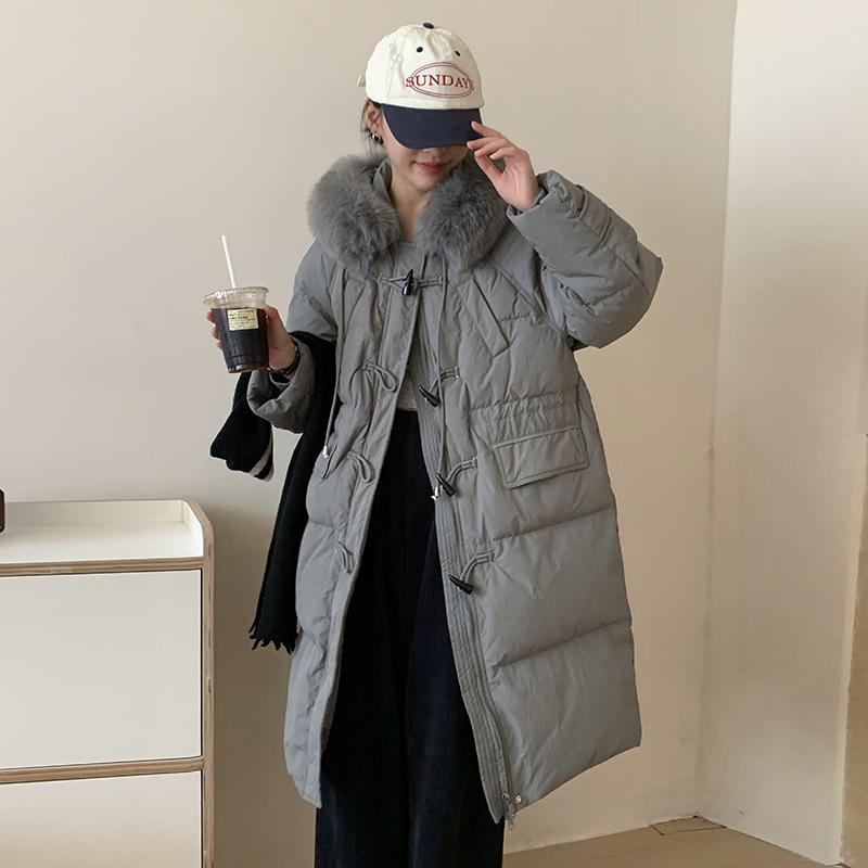 

Воротник из лисьего меха длинный пуховик женский 2025 зимняя мода милая застежка-рог теплая свободная пальто до колена тренд S